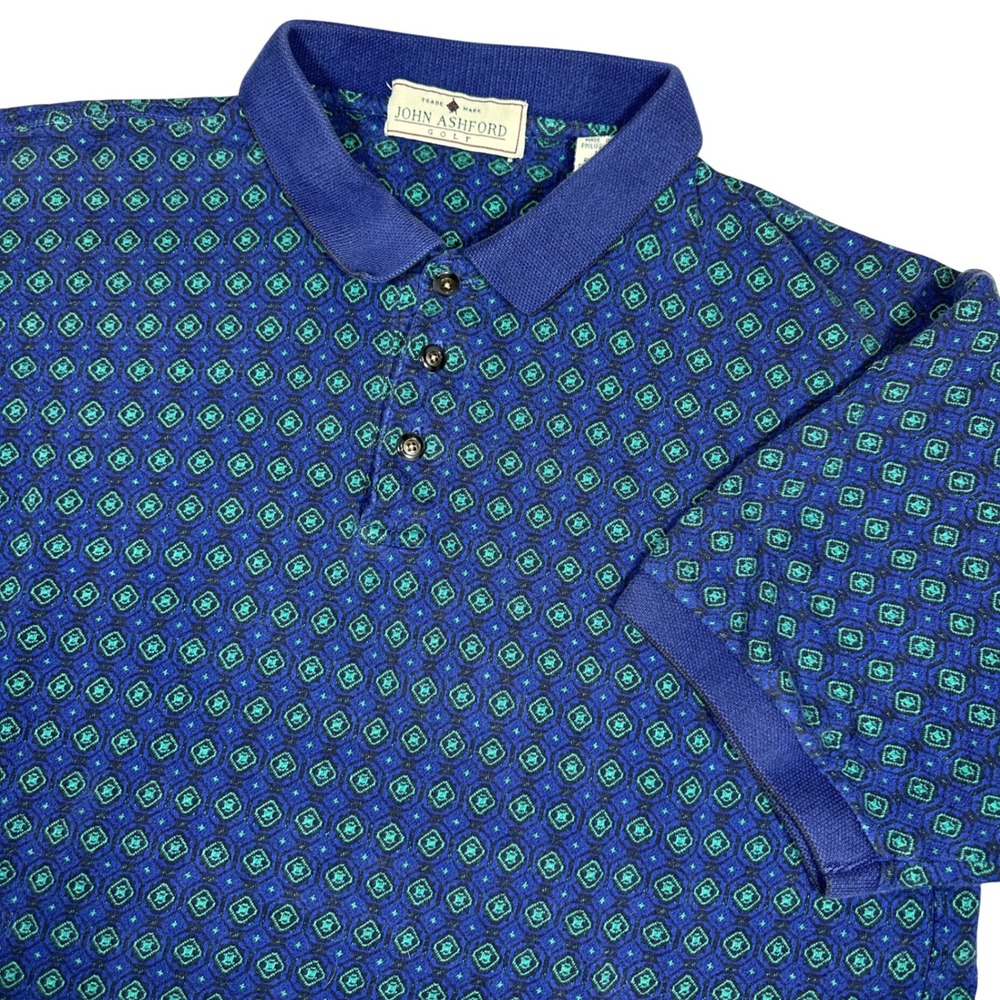 VTG 90s John Ashford Golf Mens L Blue Green Geometric Diamond Print Cotton Polo